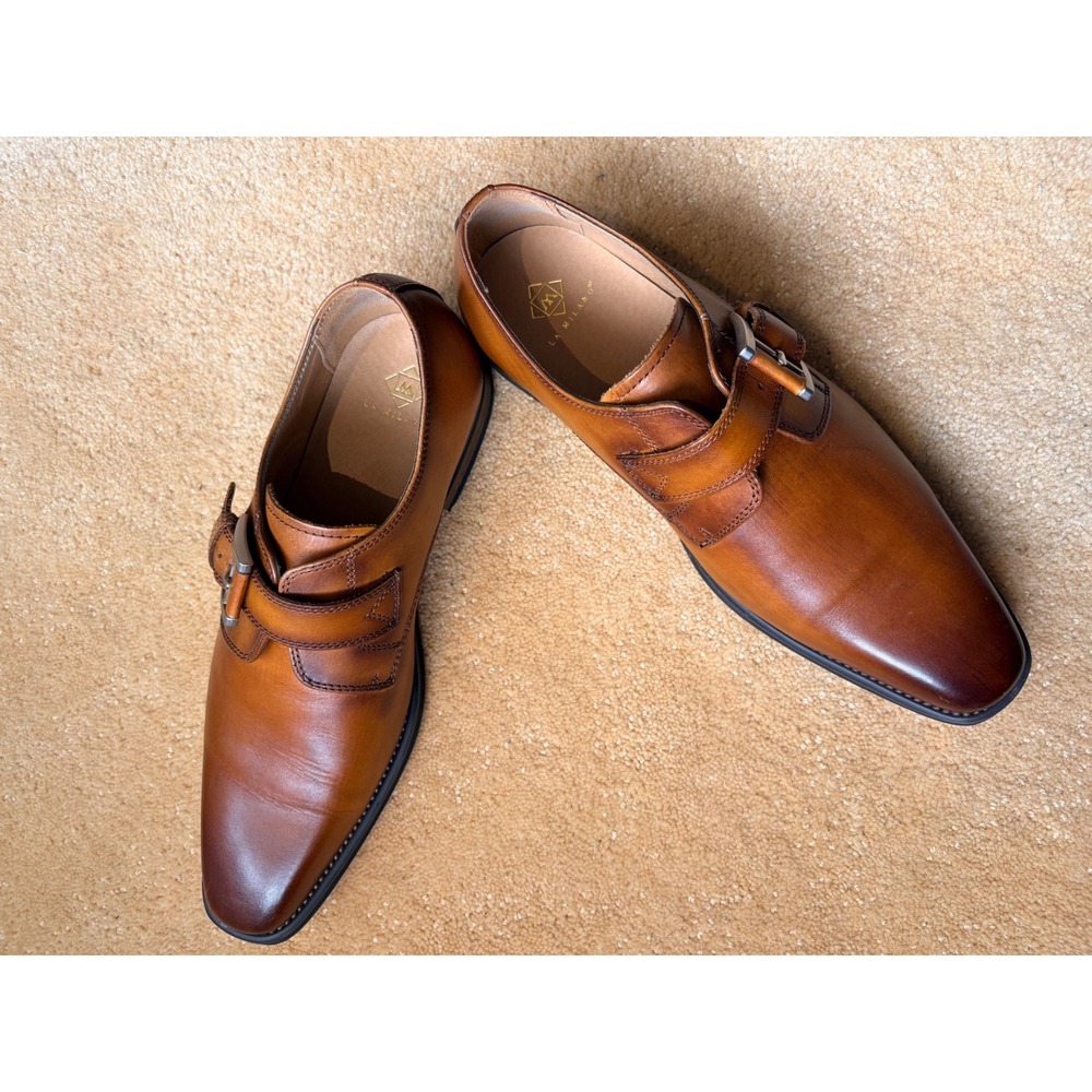La Milano Mens Monk Strap Dress Shoes Size 8 Cognac Leather Formal Wedding Lux